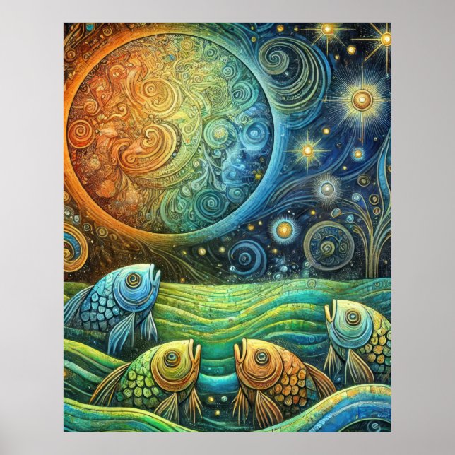 Cosmic Fish and Celestial Sun Vibrant Ocean Waves Poster (Front)
