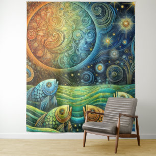 Cosmic Fish and Celestial Sun Vibrant Ocean Waves Tapestry