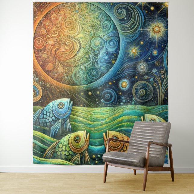 Cosmic Fish and Celestial Sun Vibrant Ocean Waves Tapestry (In Situ)