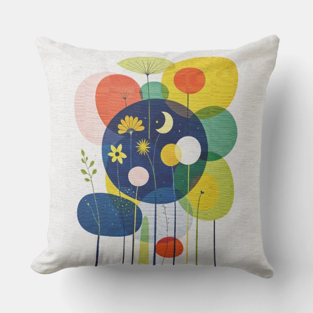 Cosmic Floral Mid Century Modern Boho Abstract Cushion (Front)