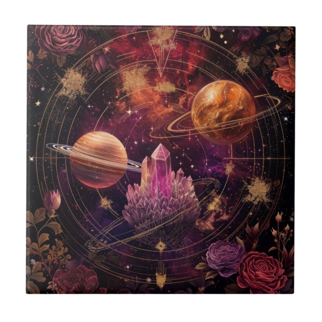 Cosmic Floral Planet Purple Nebula Space Tile (Front)