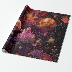 Cosmic Floral Planet Purple Nebula Space Wrapping Paper