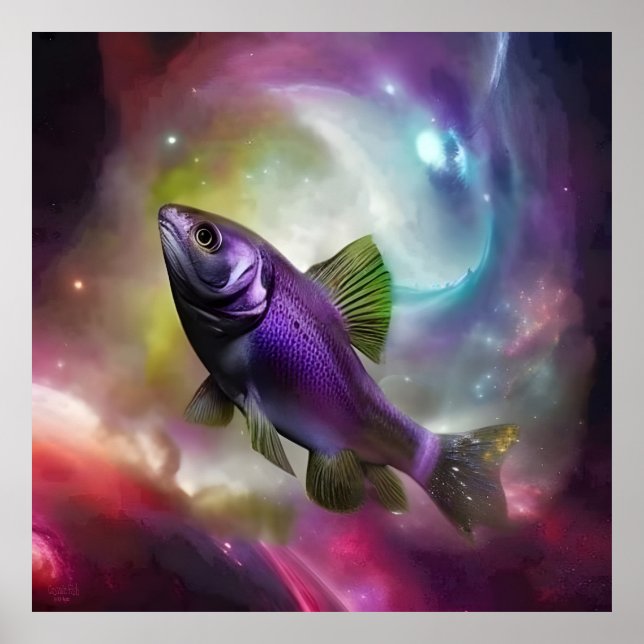 Cosmic Flying Fish AI Fantasy Digital Art Print  (Front)