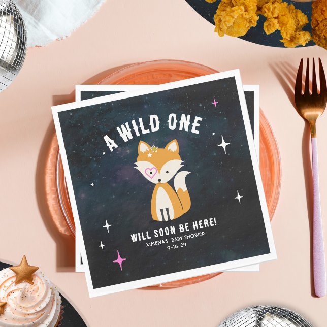 Cosmic Fox Wild One Pink Girl Baby Shower Napkin (Creator Uploaded)