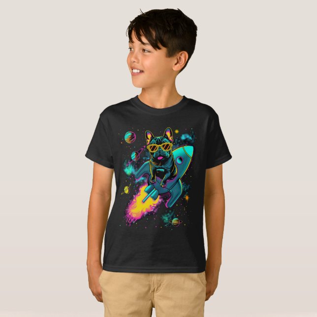 Cosmic Frenchie Rocket Ride | Neon Kids T-Shirt (Front Full)