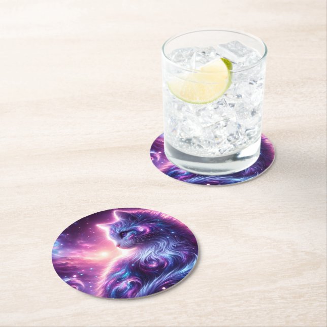 Cosmic Galaxy Mystical Feline Celestial Round Paper Coaster (Insitu)