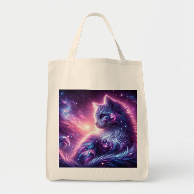 Cosmic Galaxy Mystical Feline Celestial Tote Bag (Front)