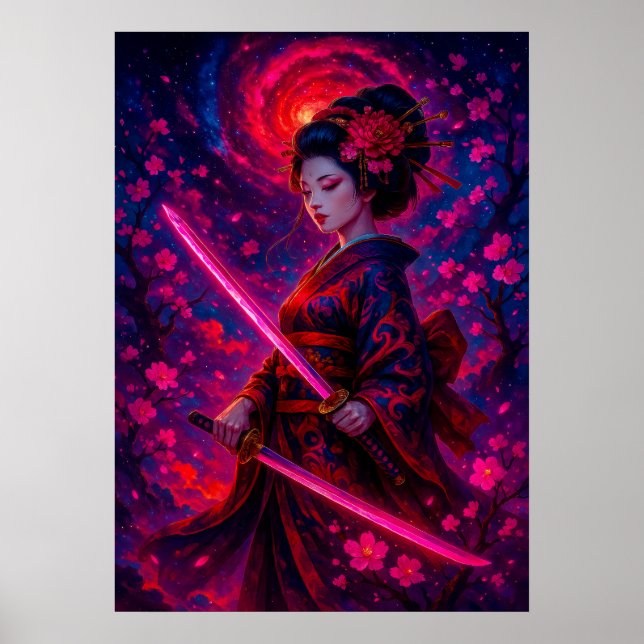 Cosmic Geisha Samurai with Glowing Swords Fantasy  Poster (Front)