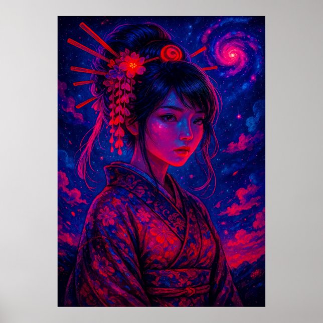 Cosmic Geisha with Galaxy Sky Fantasy Japanese Poster (Front)