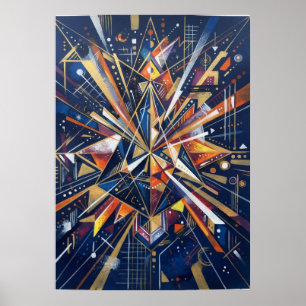 Cosmic Geometric Starburst Navy Gold Art Poster