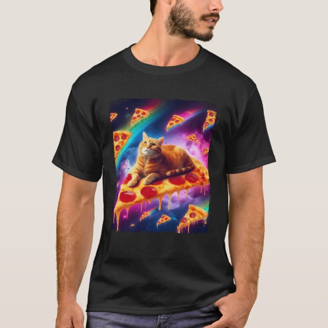 Cosmic Ginger Cat Sailing Pizza Slice In The Rainb T-Shirt (Front)