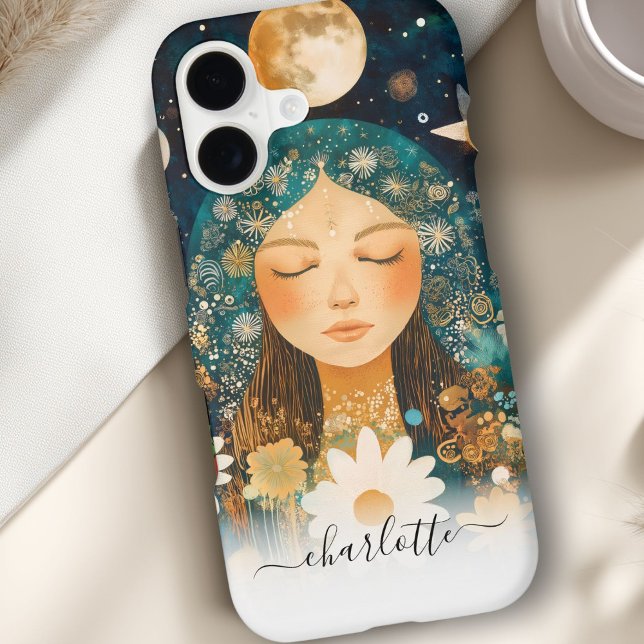 Cosmic Girl Boho Moon & Daisy Illustration Custom (Cosmic Girl Boho Moon & Daisy Illustration Custom Case-Mate iPhone Case)