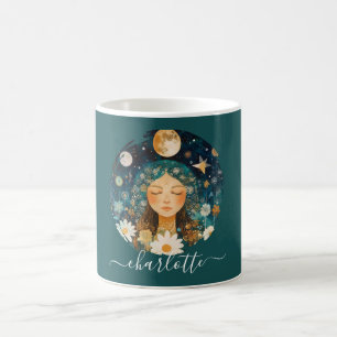 Cosmic Girl Boho Moon & Daisy Illustration Custom Coffee Mug