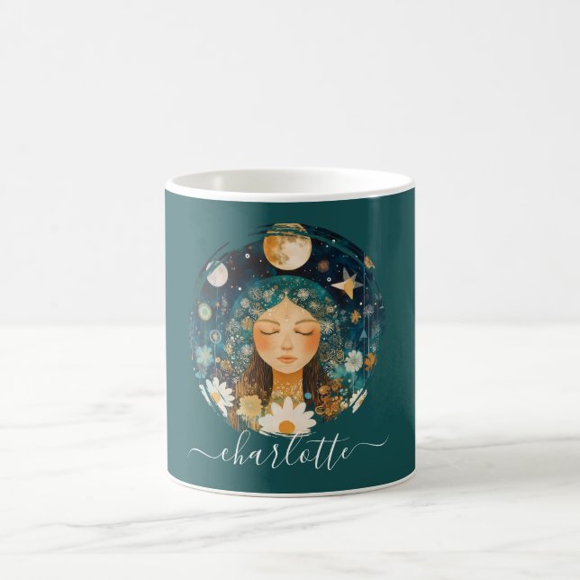 Cosmic Girl Boho Moon & Daisy Illustration Custom Coffee Mug (Center)