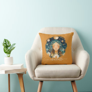 Cosmic Girl Boho Moon & Daisy Illustration Custom Cushion