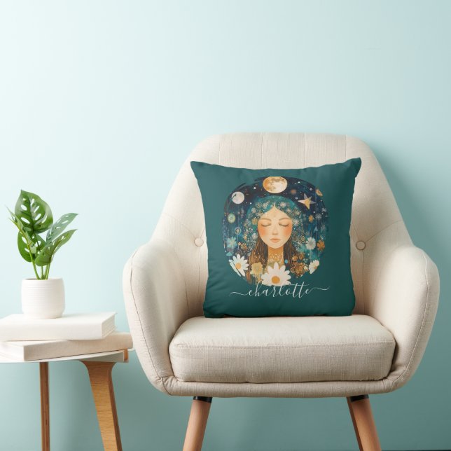 Cosmic Girl Boho Moon & Daisy Illustration Custom Cushion (Chair)