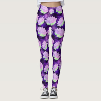 Cosmic Glam Purple Lotus Flowers Galaxy Print Yoga Leggings