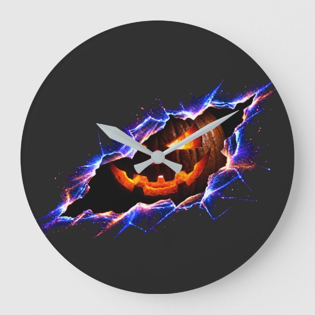 Cosmic Glowing Halloween Pumpkin Ripped Tear Large Clock (Front)