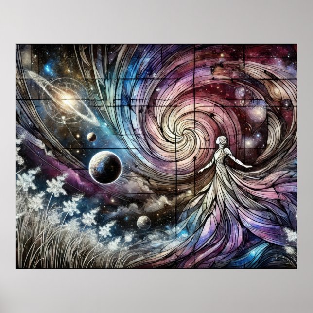 Cosmic Goddess with Swirling Galaxy and Planets Poster (Front)