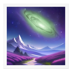 Cosmic Green Galaxy Over Purple Mountain Landscape Photo Print