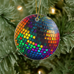 Cosmic Groove: Lino Cut Disco Ball  Ceramic Tree Decoration