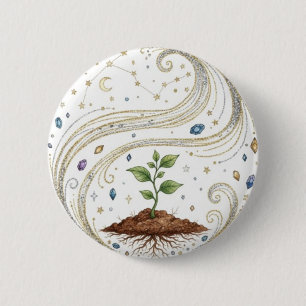 Cosmic Growth Nature Plant with Roots and Stars 6 Cm Round Badge