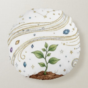 Cosmic Growth Nature Plant with Roots and Stars Round Cushion