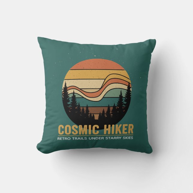 Cosmic Hiker Retro 70s Sunset Space Forest Stars Cushion (Front)