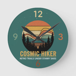 Cosmic Hiker Retro 70s Sunset Space Forest Stars Round Clock