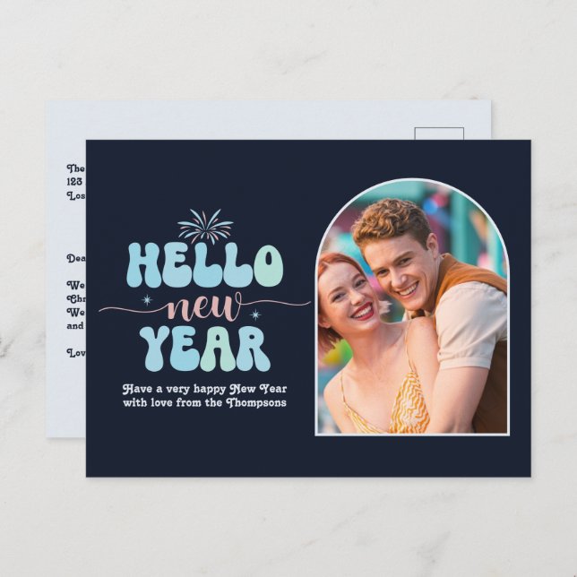 Cosmic Ice New Year Retro Modern Blue Photo Holiday Postcard (Front/Back)
