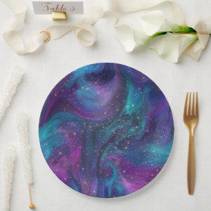 Cosmic Ink   Turquoise Blue Purple Galaxy Nebula Paper Plate