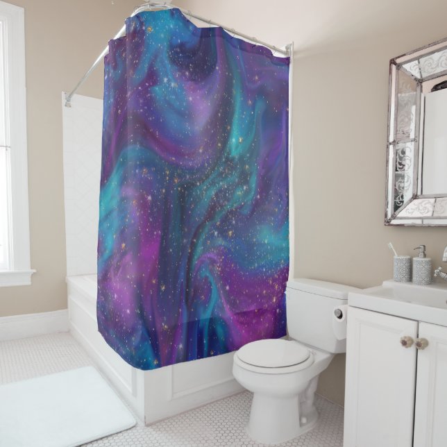 Cosmic Ink | Turquoise Blue Purple Galaxy Nebula Shower Curtain (In Situ)
