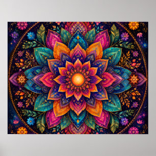 COSMIC JEWEL TONED FLORAL MANDALA ART POSTER