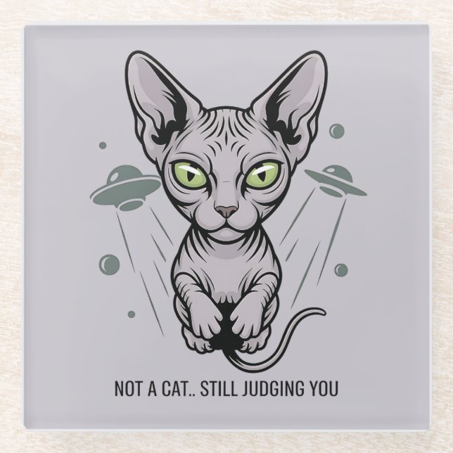 Cosmic Judging Sphynx Cat Art Glass Coaster (Front)