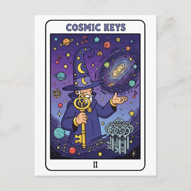 Cosmic Keys – Wizard Unlocking the Universe Postcard (Front)