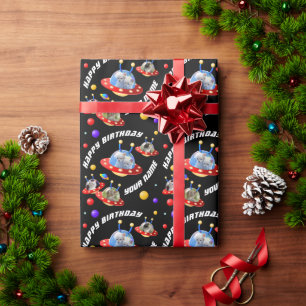 Cosmic Kitten Twins in Flying Saucer UFO Sci-fi Wr Wrapping Paper