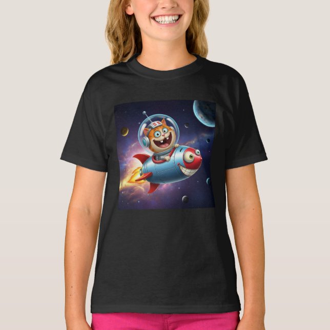 Cosmic Kitty Rocket Ride Funny Space Cat Adventure T-Shirt (Front)