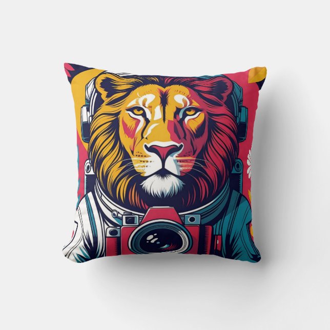 Cosmic Lion Astronaut Pillow | Bold Space Art Cush (Front)