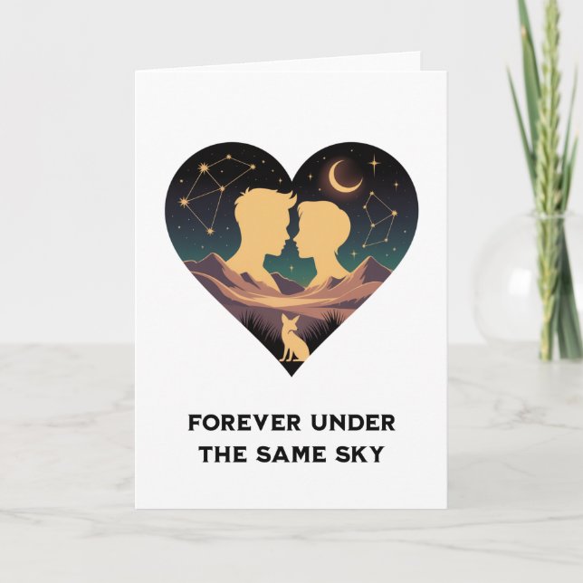 Cosmic Love Story Heart with Lovers and Fox Art Holiday Card (Front)