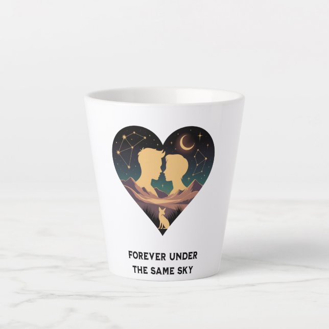 Cosmic Love Story Heart with Lovers and Fox Art Latte Mug (Front)