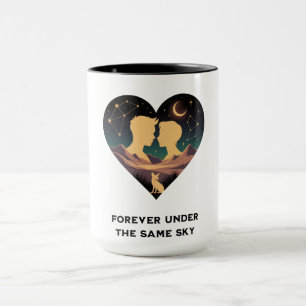 Cosmic Love Story Heart with Lovers and Fox Art Mug