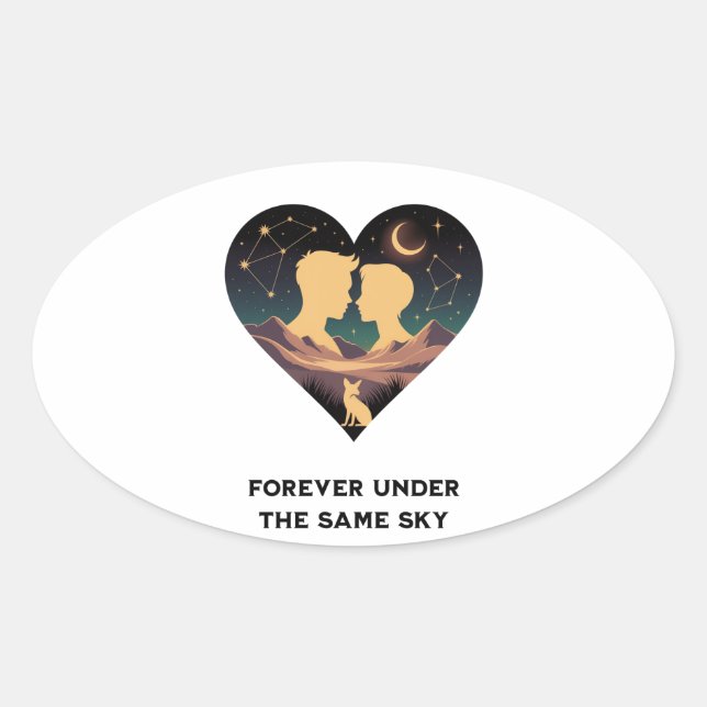 Cosmic Love Story Heart with Lovers and Fox Art Oval Sticker (Front)