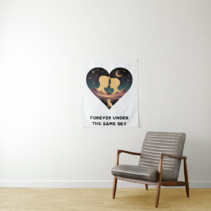 Cosmic Love Story Heart with Lovers and Fox Art Tapestry