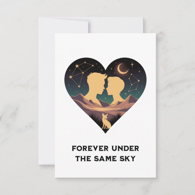 Cosmic Love Story Heart with Lovers and Fox Art Thank You Card (Front)