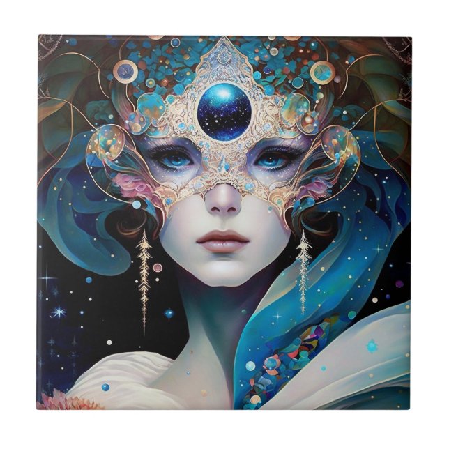 Cosmic Masked Goddess Queen Fantasy Art Tile (Front)