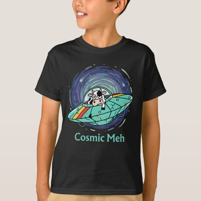 Cosmic Meh, Bored Lazy Cow in Spaceship T-Shirt (Front)