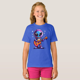 Cosmic Melody: 8-Bit Alien with Guitar T-Shirt