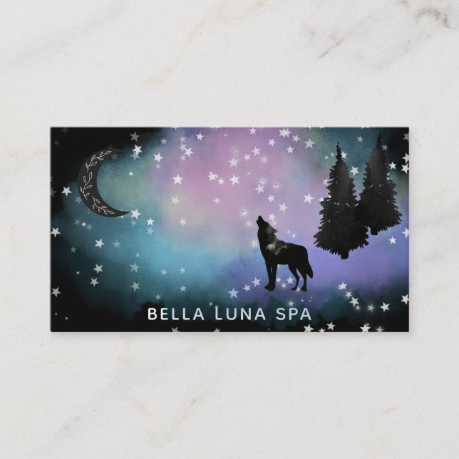 *~* Cosmic Moon - Howling Wolf Rainbow Pine Trees Business Card (Front)
