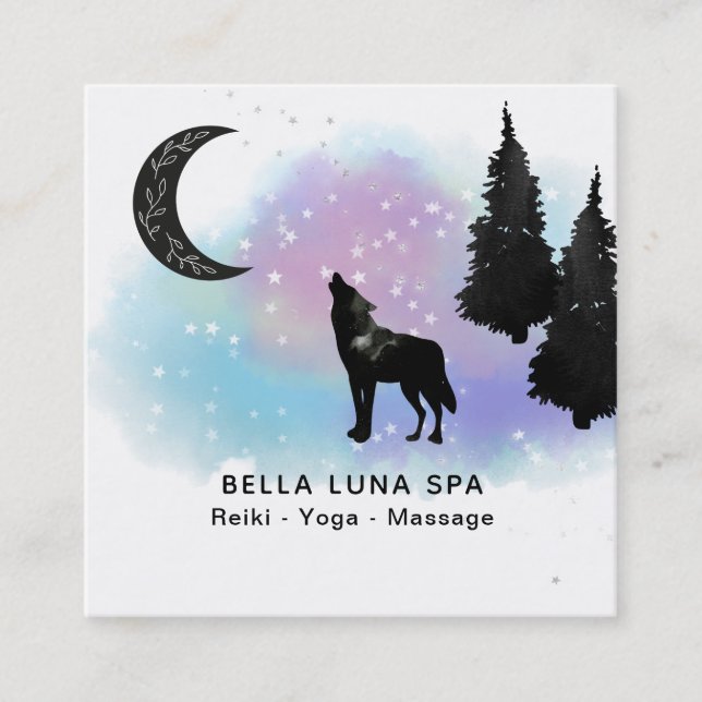 *~* Cosmic Moon Howling Wolf Rainbow Pine Trees Square Business Card (Front)