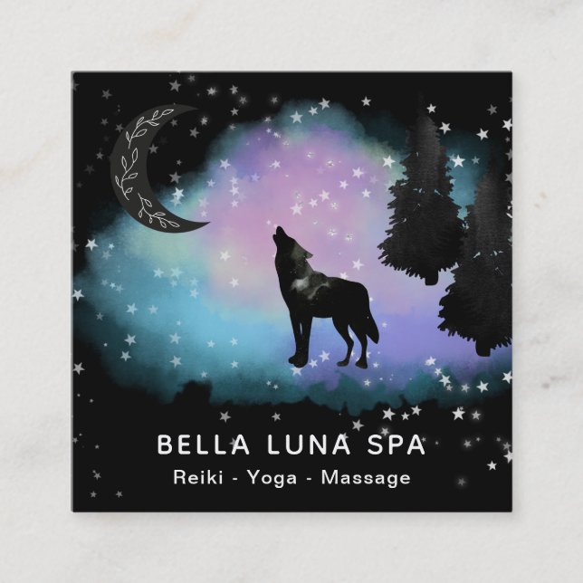 *~* Cosmic Moon . Howling Wolf Rainbow Pine Trees Square Business Card (Front)